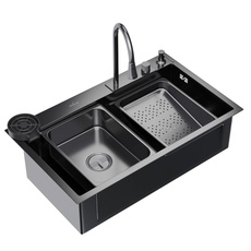 Мойка нержавеющая сталь MIXLINE PRO, 750*460мм, сифон, дозатор, смеситель, коландер, разделочная доска, ополаскиватель стаканов (черный графит), Флекси