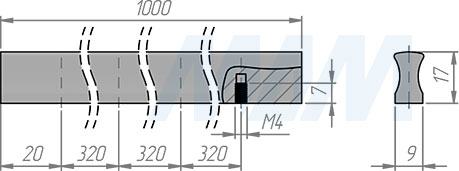 Размеры профиль-ручки длиной 1000 мм с межцентровым расстоянием 320 мм (артикул PH.RU16.1000)