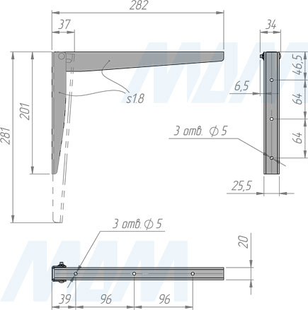 Размеры складного кронштейна 200х280 мм для деревянных полок (артикул BRK280 RU)