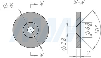Размеры ответной планки для магнита под саморез, диаметр 16 мм (артикул MAG D16)