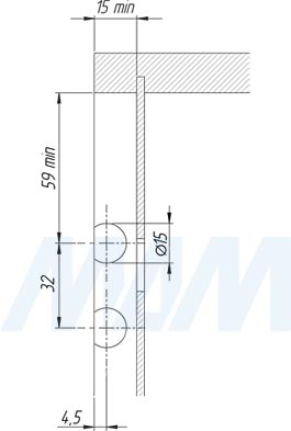 Присадочные размеры для скрытого мебельного навеса APC6 с креплением на штоки D=15 мм (артикул 6 52100)