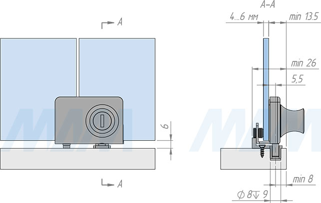 Установка выдвижного замка-ручки для 2-х стеклянных дверей, без сверления (артикул 417-2/5), схема 1