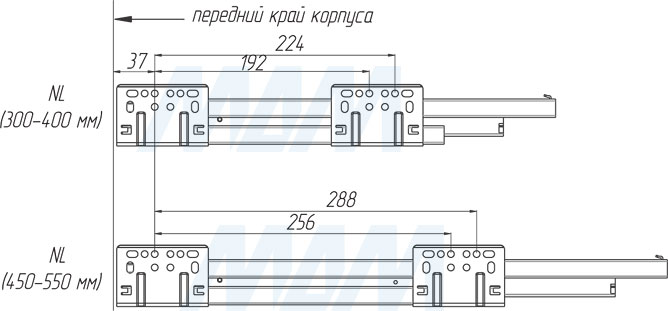 Присадочные размеры для направляющих при установке ящика M-TECH (артикул MT)