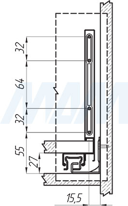 Присадочные размеры при установке ящика LS BOX высотой 173 мм (артикул LS173), схема 2
