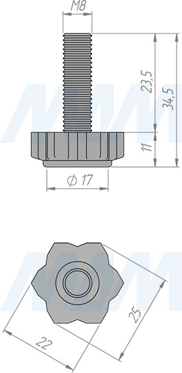 Размеры мебельной ножки М8x25 мм (артикул PI06.M8X25.)