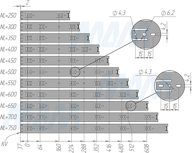 Установка шариковых направляющих VEKTOR BS45 полного выдвижения (артикул 1045-Z), схема 1