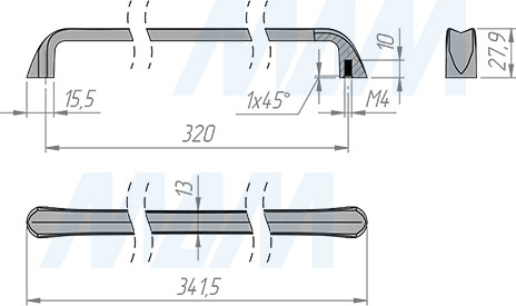 Размеры ручки-скобы с межцентровым расстоянием 320 мм (артикул BH.16.320)
