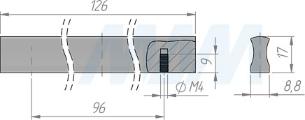Размеры профиль-ручки с межцентровым расстоянием 96 мм (артикул PH.RU02.096)
